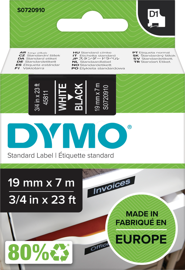 Стрічка DYMO D1, 19 мм, біла/чорна