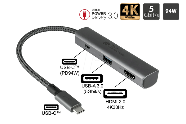 USB 3.0, 3-портовий концентратор, 1xA, 1xHDMI, 1xPD 94 Вт, кабель USB-C