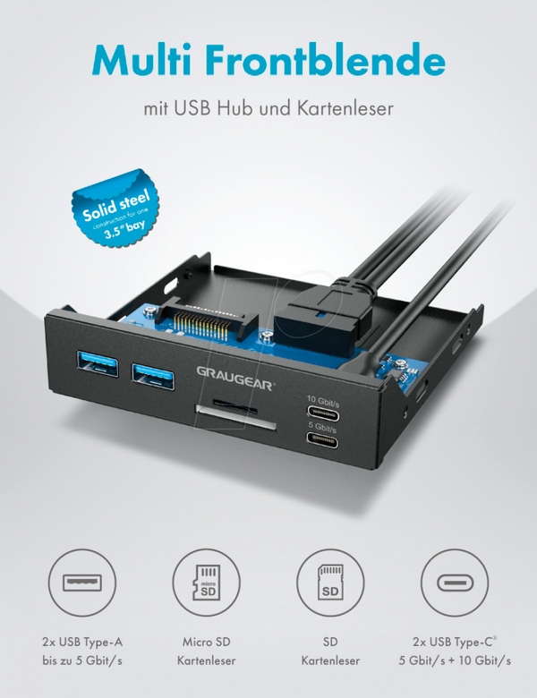 Картрідер, внутрішній, 3,5 дюйма, USB 3.1, SD, Micro SD, передня панель