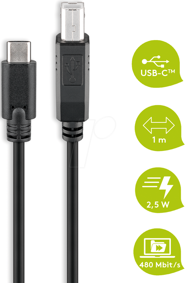 Кабель USB 2.0, штекер C на штекер B, 1 м