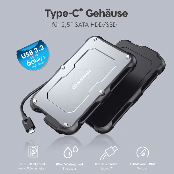 Зовнішній корпус для 2,5-дюймового жорсткого диска SATA, IP 66, USB 3.1