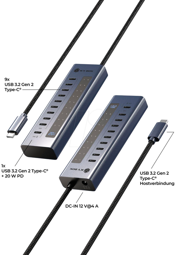 USB-хаб 10 Гбіт/с, 9 портів USB-C, 1 порт PD
