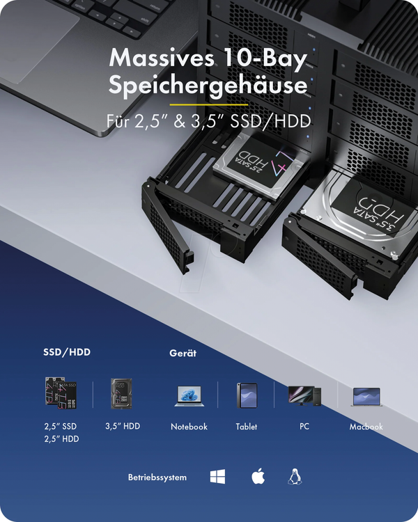 Внешние 10x 2,5 дюйма/3,5 дюйма; SATA Gehäuse, до 10 Гбит/с