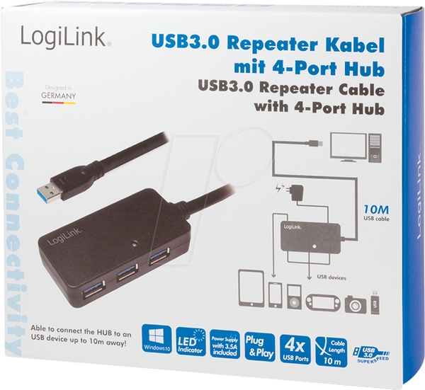 Кабель USB 3.0, USB-A/M до 4x USB-A/F, підсилювач, чорний, 10 м
