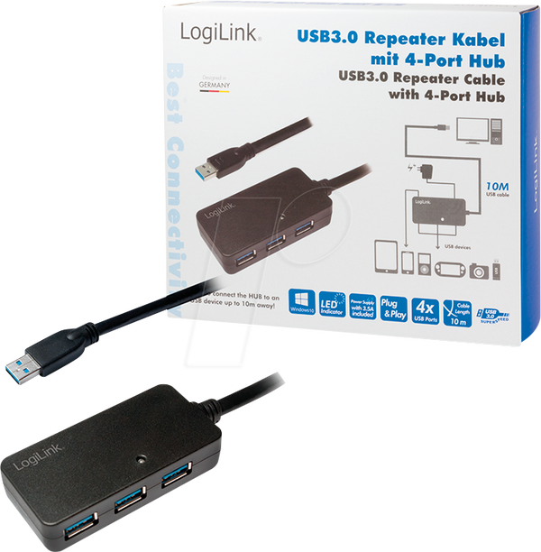 Кабель USB 3.0, USB-A/M до 4x USB-A/F, підсилювач, чорний, 10 м