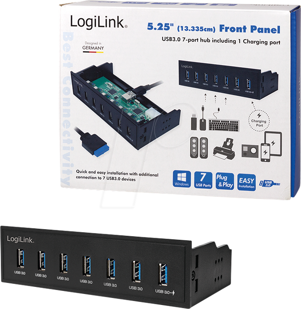 USB 3.0 концентратор 5,25 дюйма, 7-портовий, внутрішній, з портом швидкої зарядки, чорний