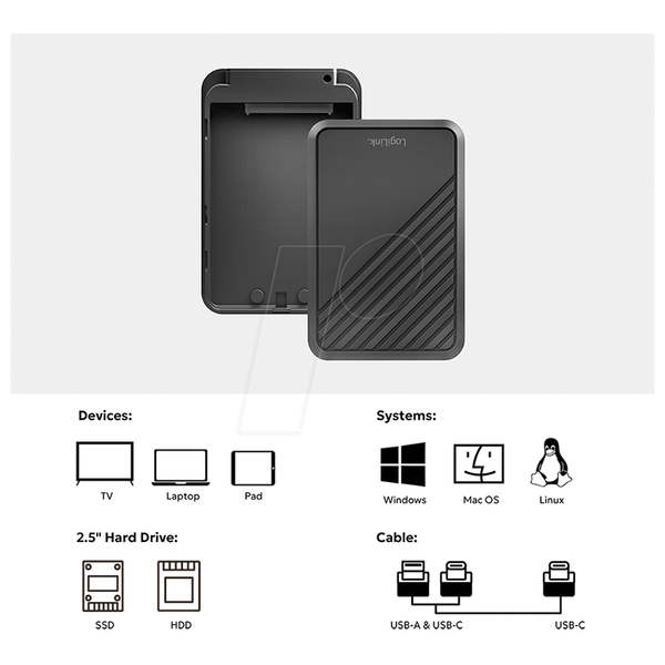 Зовнішній корпус для 2,5-дюймового SATA HDD/SSD, USB-C, чорний