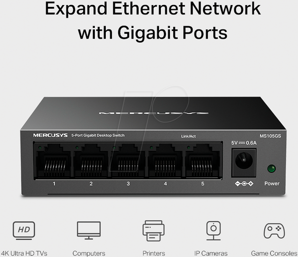 Комутатор, 5-портовий, гігабітний Ethernet