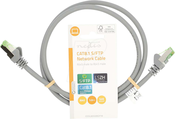 Патч-кабель, Cat.8.1, S/FTP, 1 м, сірий