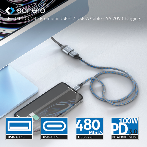 Кабель синхронізації та заряджання, USB-A > USB-C, 100 Вт, 1,0 м