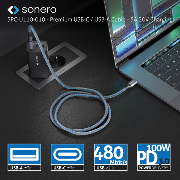 Кабель синхронізації та заряджання, USB-A > USB-C, 100 Вт, 1,0 м