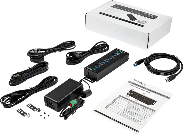Концентратор USB 3.0, 10-портовий, DIN-тримач, ESD, з блоком живлення