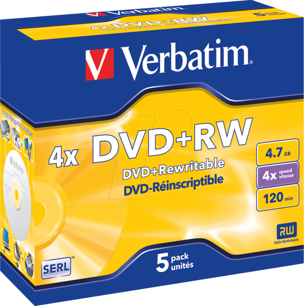 DVD+RW 4,7 ГБ, матовий, у футлярі з 5 штук