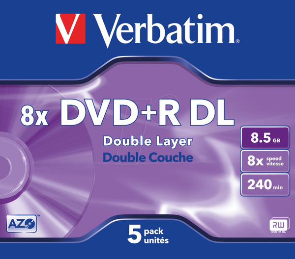 DVD+R 8,5 ГБ, двошаровий, у футлярі з 5 штук
