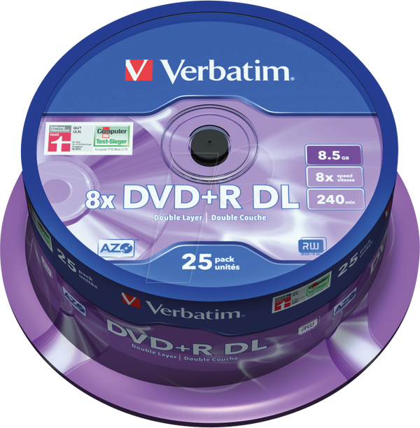DVD+R 8,5 ГБ, двошаровий, упаковка з 25 штук