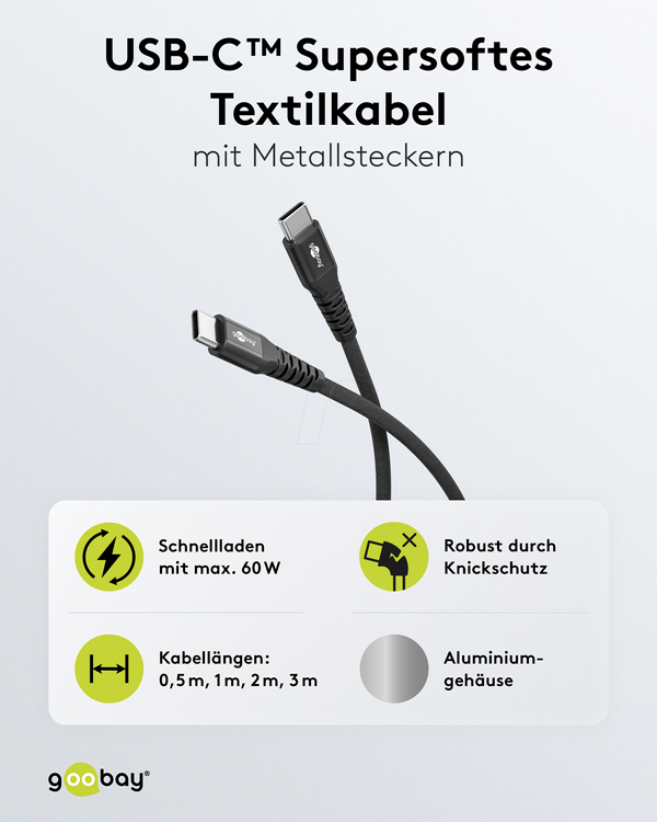 Кабель синхронізації та зарядки, USB-C > USB-C, 3,0 м, 60 Вт, чорний текстильний кабель