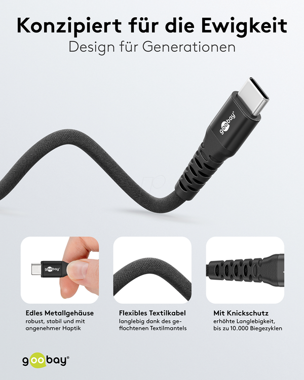 Кабель синхронізації та зарядки, USB-C > USB-C, 3,0 м, 60 Вт, чорний текстильний кабель