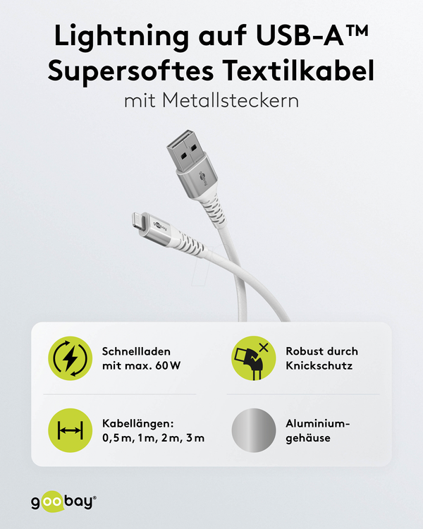 Кабель синхронізації та зарядки, USB-A -> Lightning, 60 Вт, 0,5 м, текстильний, білий