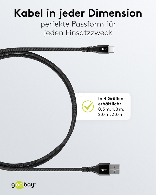 Кабель синхронізації та зарядки, USB-C -> USB-A, 60 Вт, 3,0 м, текстильний, чорний